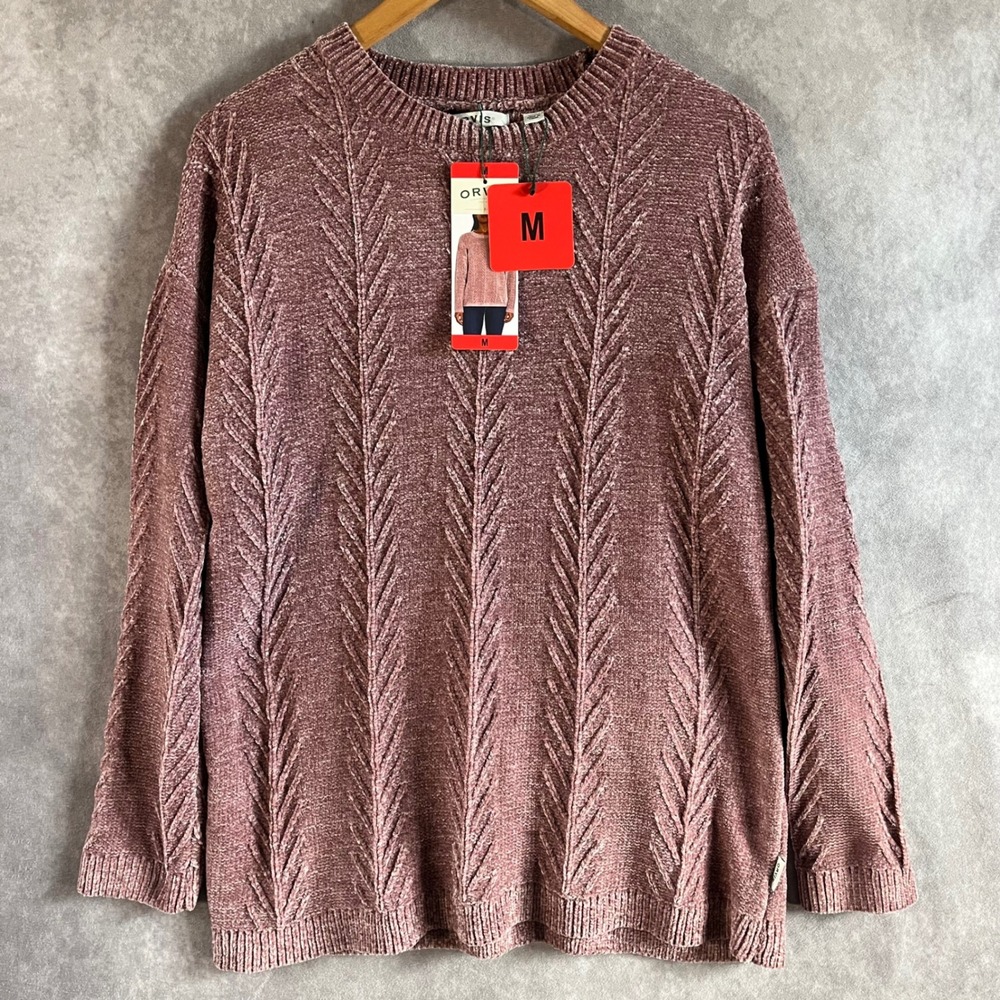 Orvis Chenille Sweater Women M Pink Chevron Cable‎ Knit Crewneck Pullover NEW